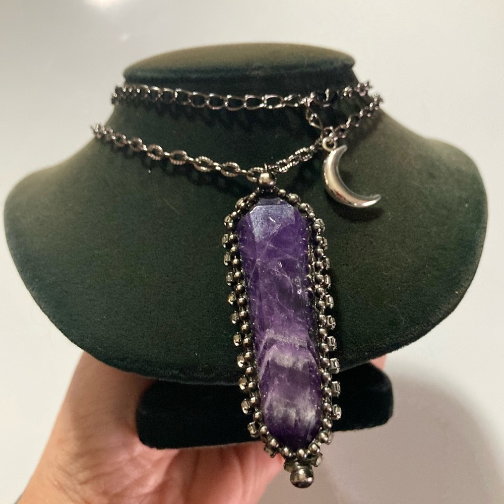 Genuine raw long amethyst crystal stone boho charm moon necklace - Picture 9 of 14